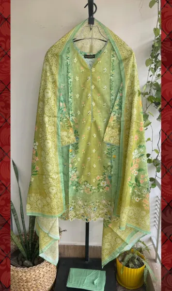 Pakistani Original Bin Saeed Cotton Chickankari Stitched 3Pcs_ Light Green 